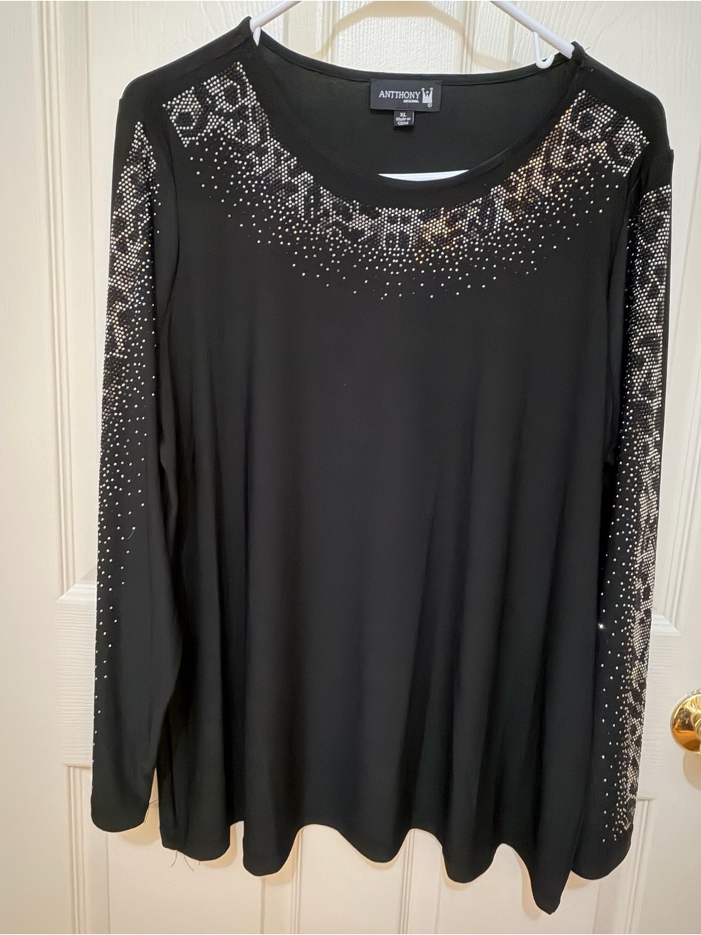 Anthony Richards Black Long-Sleeve Blouse with Silver Rhinestone Accents